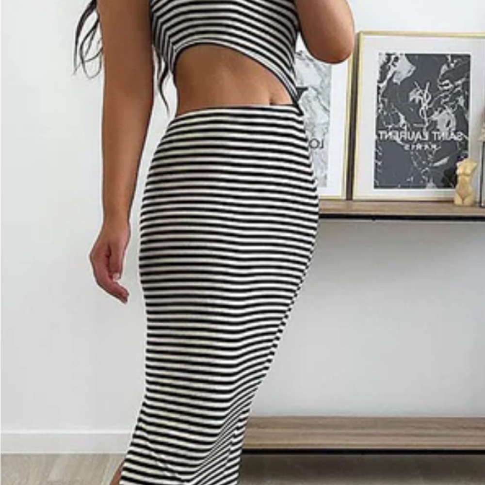 Fashion Nova Black & White Striped Asymmetrical Cutout Skirt Set # 26
